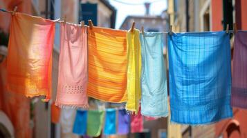 From a washing line a rainbow of different colored fabrics flaps in the wind adding color to the historic street photo