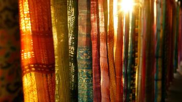 Thin strips of fabric hang in a row each displaying a different pattern and texture photo