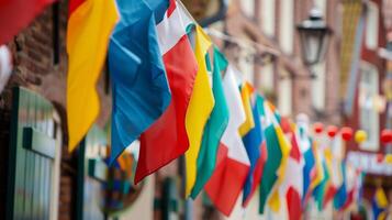 A row of bold and lively flags flapping in unison outside a smalltown market photo