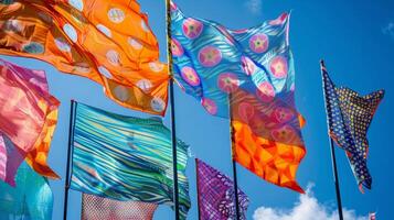 A burst of energetic flags each one adorned with a different pattern creating a playful display photo