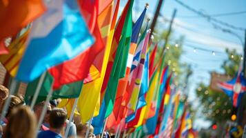 A burst of colorful flags lining the streets during a festive parade each one representing a different cause or community photo