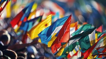 A dynamic scene of flags of various shades and sizes creating a lively and energetic atmosphere at a sporting event photo