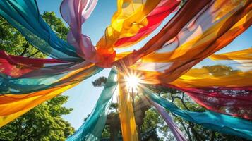 Layers of colorful fabrics twist and twirl together creating a vibrant display in the peaceful temple garden photo