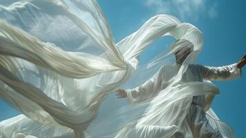 The veil of a Sufi dancer swirls around him in a whirl of white fabric symbolizing the search for spiritual enlightenment photo