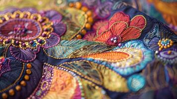 A closeup of a fabric kite showcasing the intricate patterns and detailing of its carefully sewn design photo