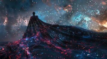 Against a starry sky a heros cape made of galaxyinspired fabric flows behind them adding to their cosmic persona photo