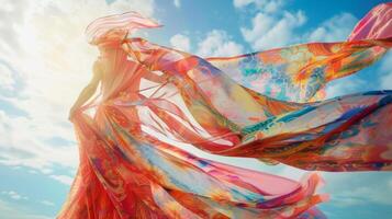A colorful patterned dress spinning in the wind its fabric resembling a kaleidoscope photo