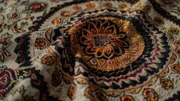 An intricately patterned Afghan blanket whirling in a circle its delicate threads reflecting the light photo