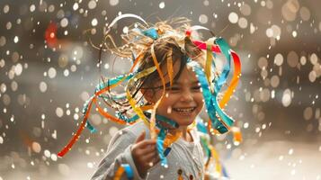 Despite the overcast sky a child runs through the rain with a smile on their face the ribbons in their hair creating a vibrant pattern against the gray photo