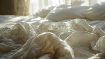 As the wind dies down the bedspread slowly floats and settles back onto the bed creating a sense of calm photo