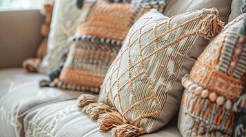 A closeup shot of a decorative pillow with multiple tassels of different sizes and textures adorning the edges providing an elegant touch photo