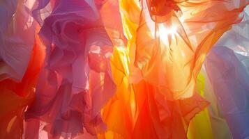 Ruffled and gathered fabric pieces hanging at different lengths creating a dynamic and kinetic display when moved by the wind photo