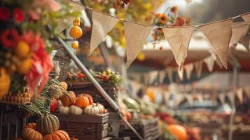 An autumnal harvest festival with fluttering burlap banners and flags creating a cozy and festive atmosphere photo