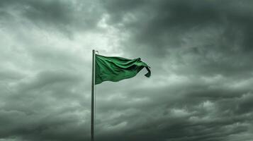 Against a backdrop of grey clouds a tattered green flag strains against its pole determined to reach new heights photo