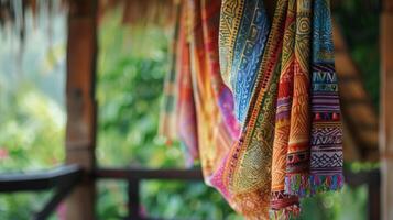 The intricate patterns of a traditional tapestry dance and sway as it hangs on a porch in the wind photo