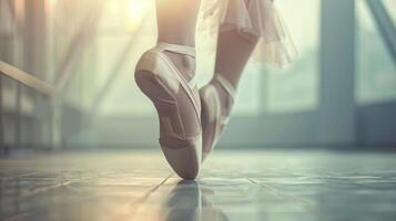 A pair of delicate pointe shoes hovering above the ground in a perfect ballet pose photo