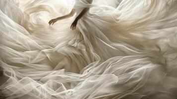A billowing tulle tutu caught midleap with layers of fabric floating in every direction photo