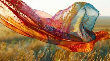 A colorful foulard scarf dances in the breeze its fringed edges creating an elegant fluttering effect photo