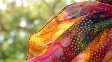 The vibrant pattern of the foulard scarf seems to come to life as it flutters in the air photo