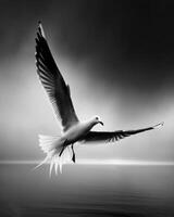 Movement frozen in time as a bird spreads its wings against a black and white horizon. Black and white art. photo