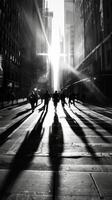 The tall shadows of skyscrs stretching across a busy street creating a mazelike atmosphere. Black and white art. photo