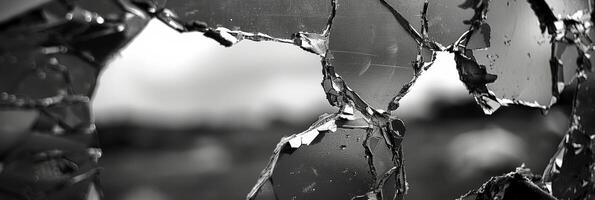 A torn old photograph peeks out from behind the reflective surface of a broken mirror. Black and white art. photo