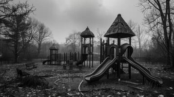 The abandoned playground seems like a ghost town with no signs of life or joy. Black and white art. photo