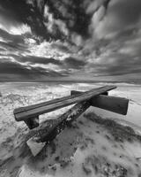 A deserted seesaw tilts precariously frozen in time. Black and white art. photo