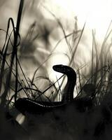 A s slithers through the grass in silhouette its outline defined by the warm glow of a setting sun. Black and white art. photo