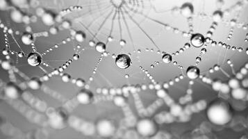 Sparkling droplets caught in the intricate pattern of a cobweb. Black and white art. photo