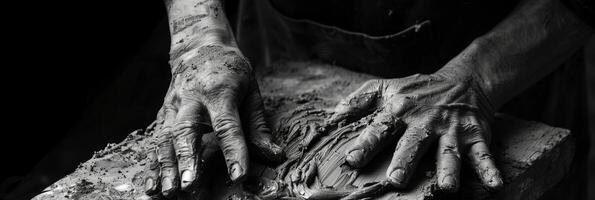 The hands of a sculptor delicately shape a block of clay creating a masterpiece with every touch. Black and white art. photo