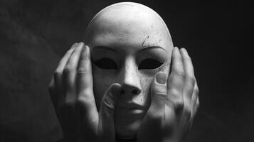 A pair of hands hold a mask concealing true emotions and representing the notion of hiding behind a facade. Black and white art. photo