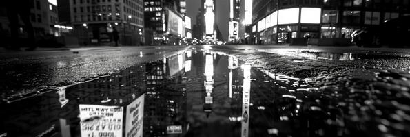 The glowing lights of the city create a shimmering effect in a puddles reflection. Black and white art. photo