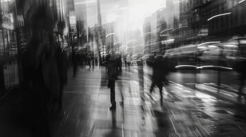 The blurred lines of a busy street captured through the reflection in a glass window. Black and white art. photo