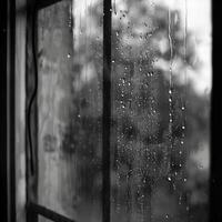 Moisture obscuring the view outside while rain continues to fall on the window. Black and white art. photo