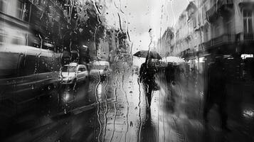 A distorted view of the outside world distorted by the rain. Black and white art. photo