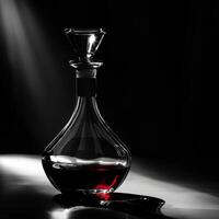 A sleek glass decanter filled with a deep red liquid the light bouncing off its smooth surface and creating an alluring shine. Black and white art. photo