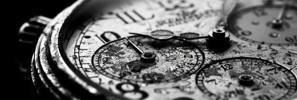 A dial of a vintage watch with each scratch and imperfection a mark of its history. Black and white art. photo