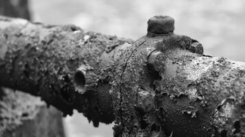 A rusty metal pipe its once cylindrical shape now distorted and rusted through. Black and white art. photo
