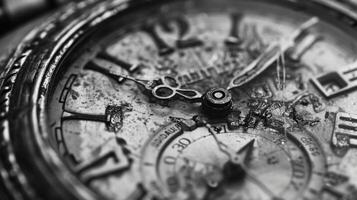 The weathered face of a vintage watch telling the tale of its journey through the ages. Black and white art. photo