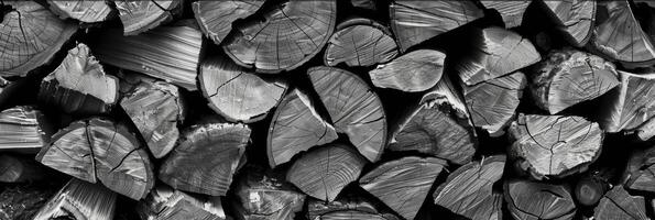 A stack of firewood with the intricate wood grain creating a sense of warmth and coziness. Black and white art. photo