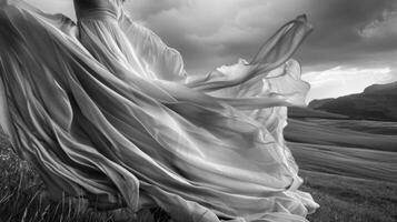 The fabric of a dress blows in the wind revealing a glimpse of the landscape beyond. Black and white art. photo
