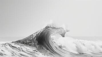 A minimalist composition of a single wave crashing against a stark white shore. Black and white art. photo