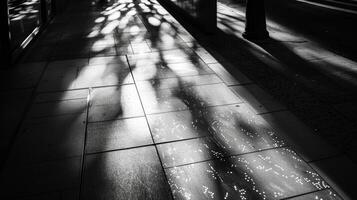 Sunlight filtering through the windows of a skyscr casting intricate reflections on the sidewalk below. Black and white art. photo