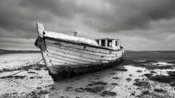 A stark highcontrast image of an abandoned boat sitting on a desolate coastline. Black and white art. photo
