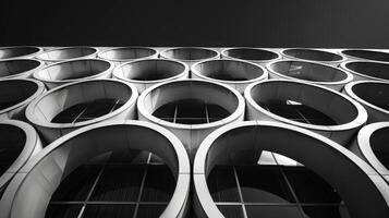 The repeating patterns of a series of spherical windows on a steel building create a mesmerizing visual effect against the black sky. Black and white art. photo