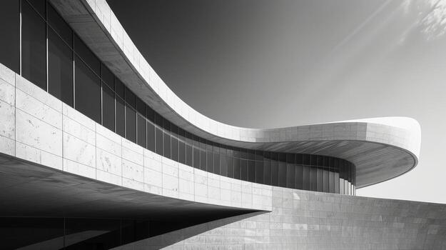 The contrast between the smooth curved base and angulart.roof of a modern building is enhanced by the absence of color showcasing every angle and curve in stark detail. Black and white photo