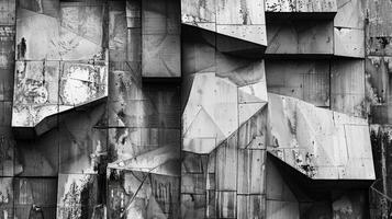 A closeup shot of a buildings facade reveals the elaborate network of abstract shapes and textures that make up its exterior giving the impression of a modernart.chitectural Black and photo