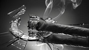 The reflection of a smoldering cigart.is distorted in a broken convex mirror adding to the illusion of smoke and mirrors. Black and white art. photo