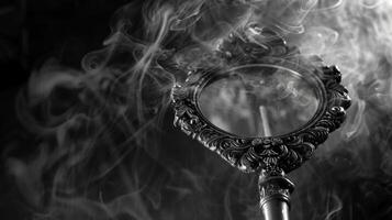 An ornate hand mirror reflects the smoke from a burning incense stick creating an almost mystical aura. Black and white art. photo